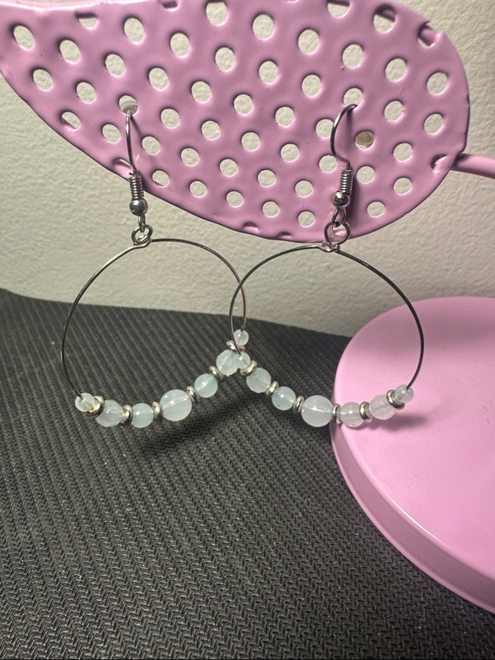 Handmade White Beaded Hoop Earrings